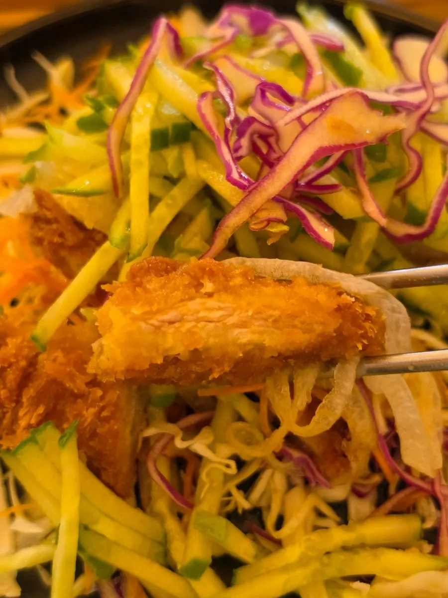Cross-section of the pork cutlet drizzled with soy sauce dressing