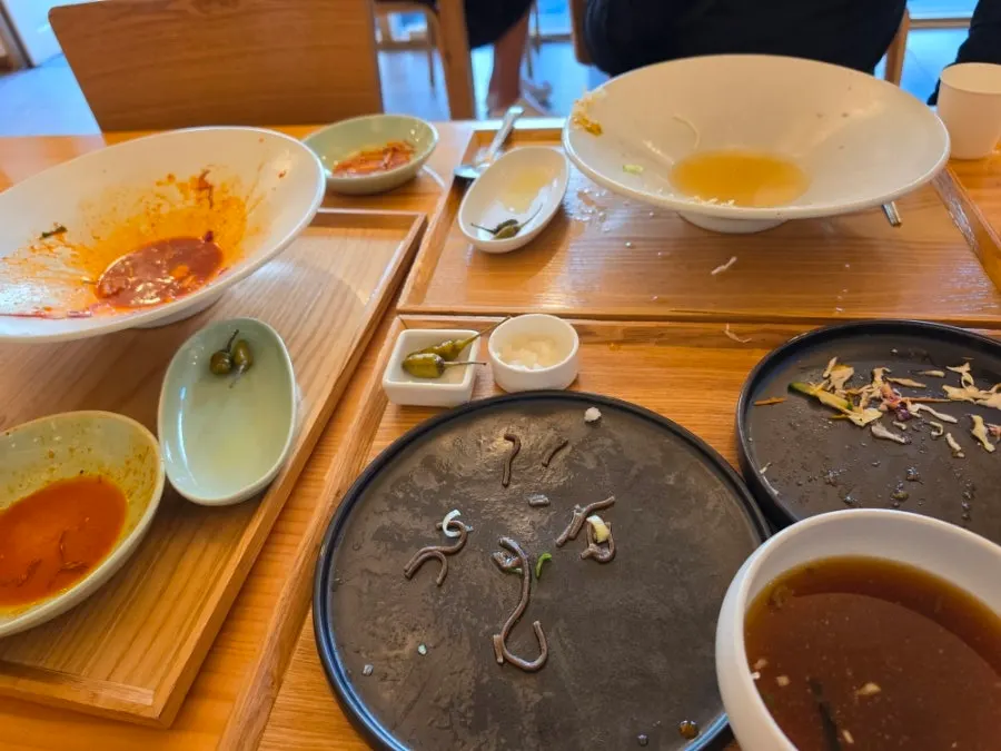 Empty noodle bowls after finishing in 20 minutes