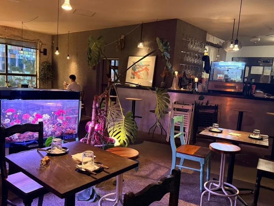 Seating layout at Chin & Nose with bar seats and group tables