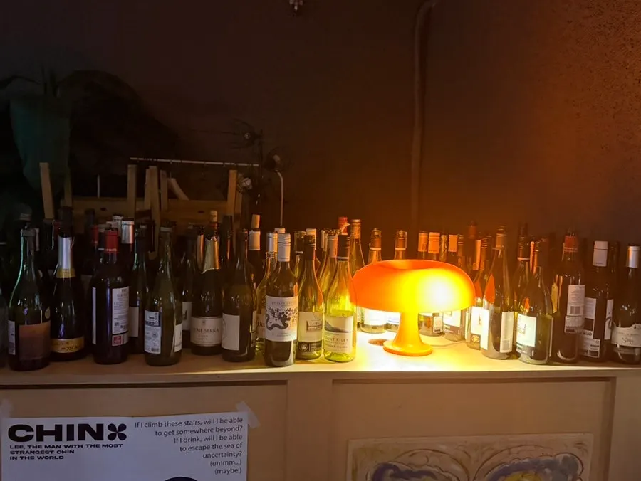Wine glasses hanging on a rack above the bar counter