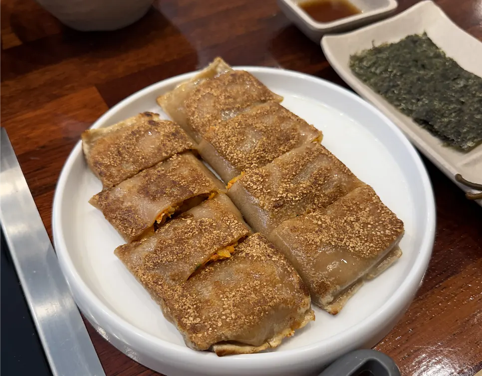 Plate of crispy buckwheat kimchi pancake
