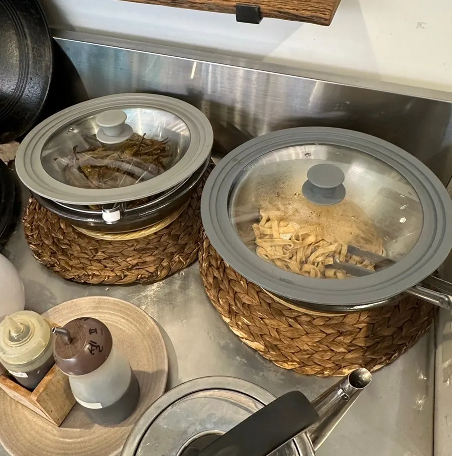 Rice and side dishes ready at the self-serve corner