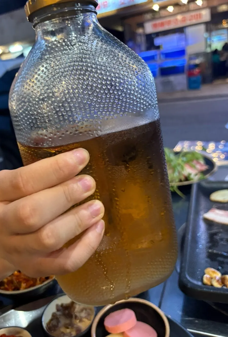 A pot of old-fashioned barley tea rounding off the meal