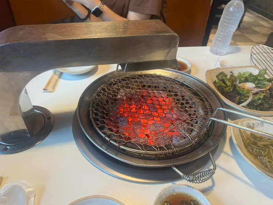 Charcoal grill and ventilation fan set up on the table