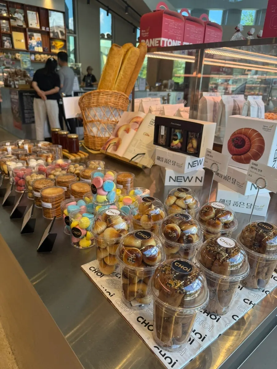 Bread on a tray in front of the display case