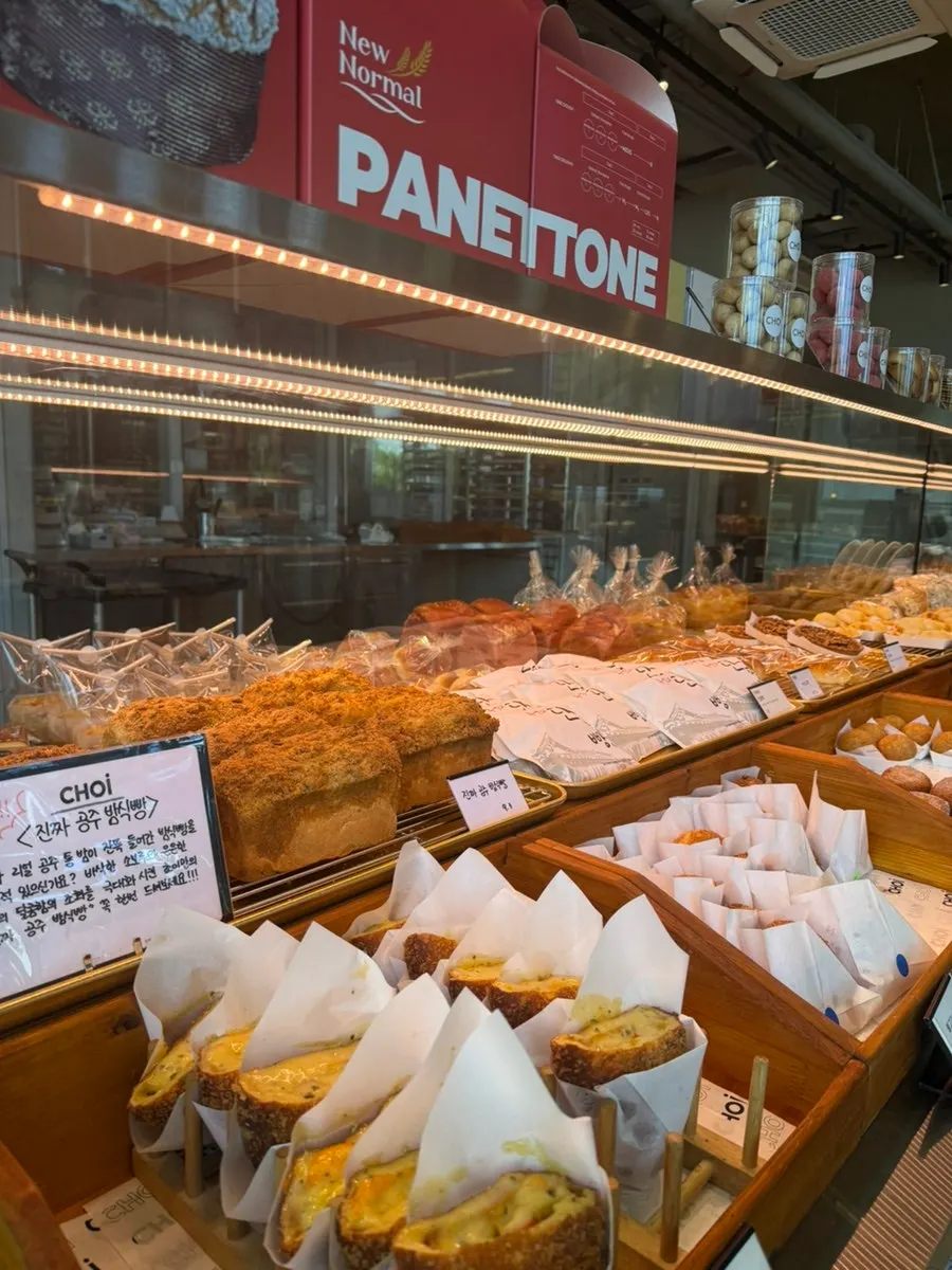 Breads arranged on the bakery shelves
