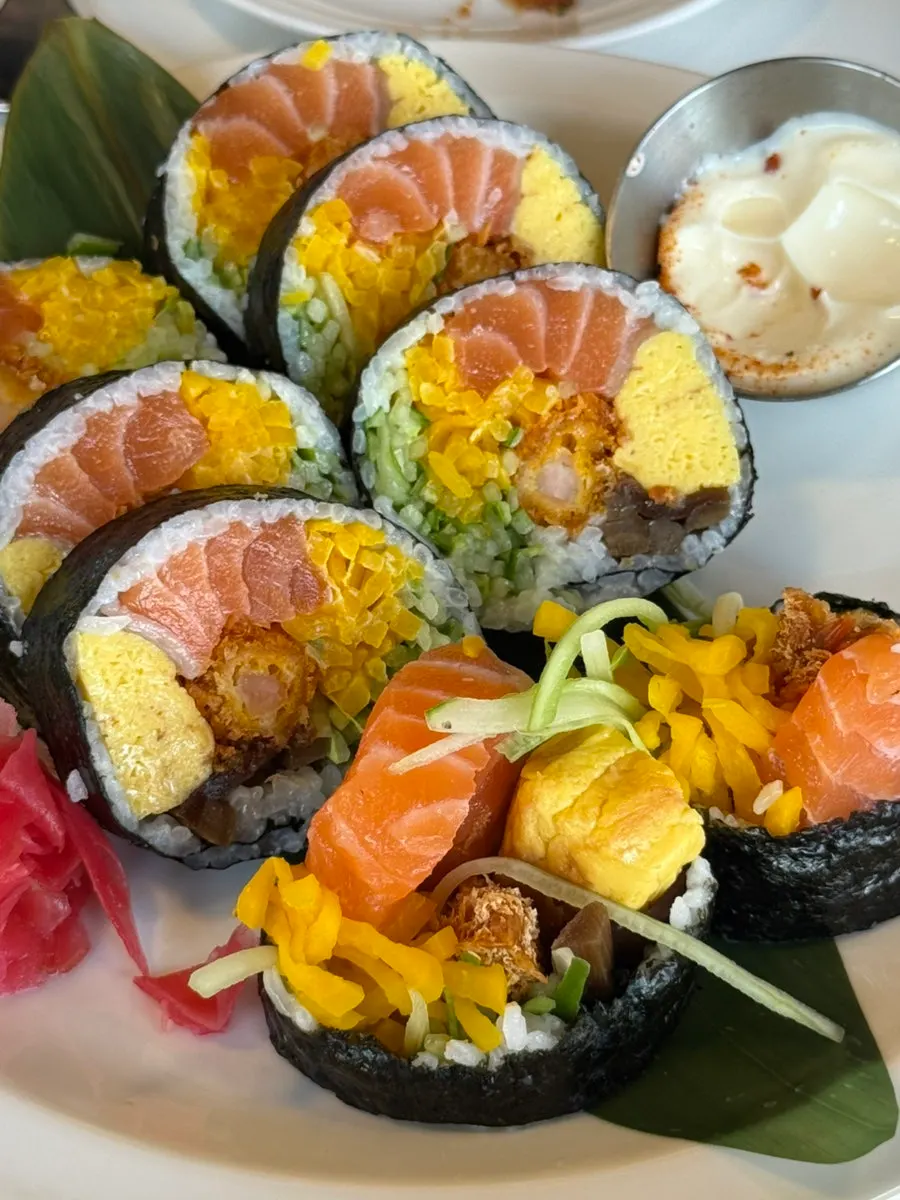 Aged salmon futomaki filled with salmon and vegetables