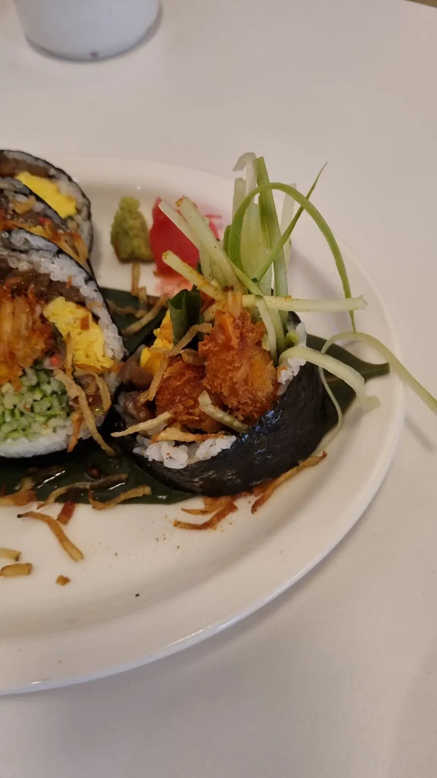 Close-up of futomaki sliced into bite-sized pieces