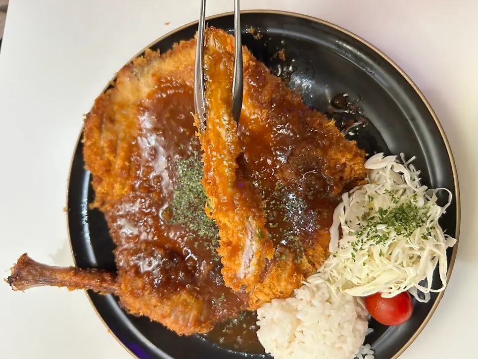 A crispy piece of tonkatsu dipped in sauce