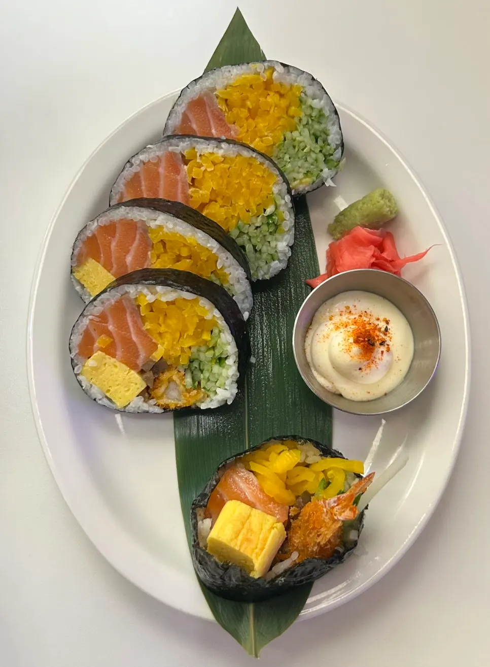 A plate of salmon futomaki half order