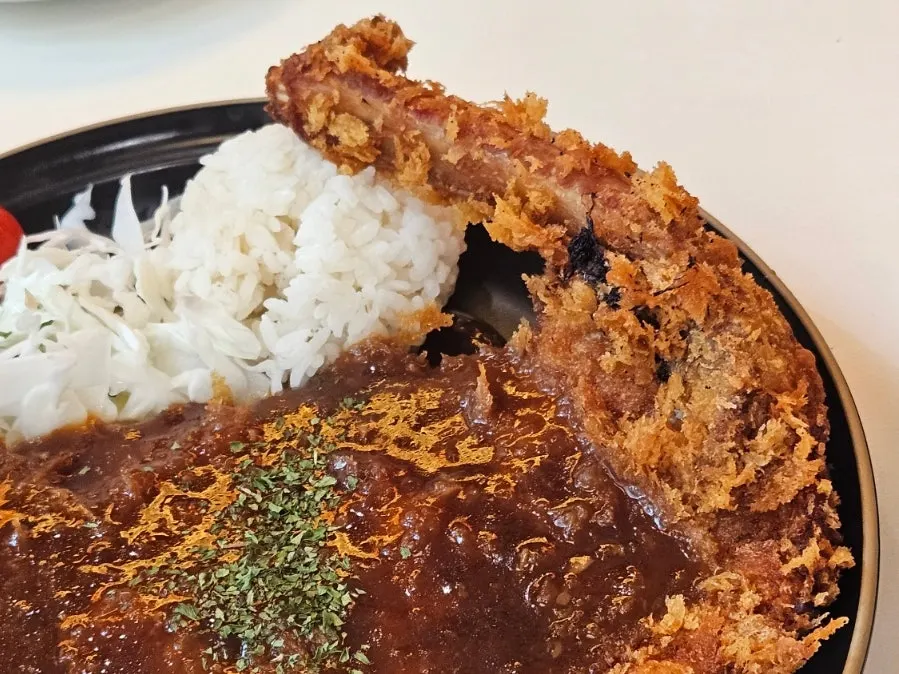 Close-up of the bone-in tonkatsu plate