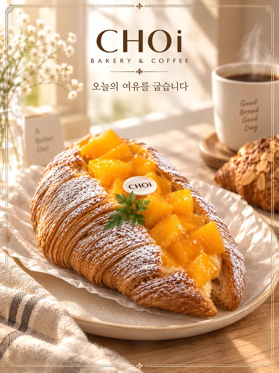 Close-up of the mango-topped croissant