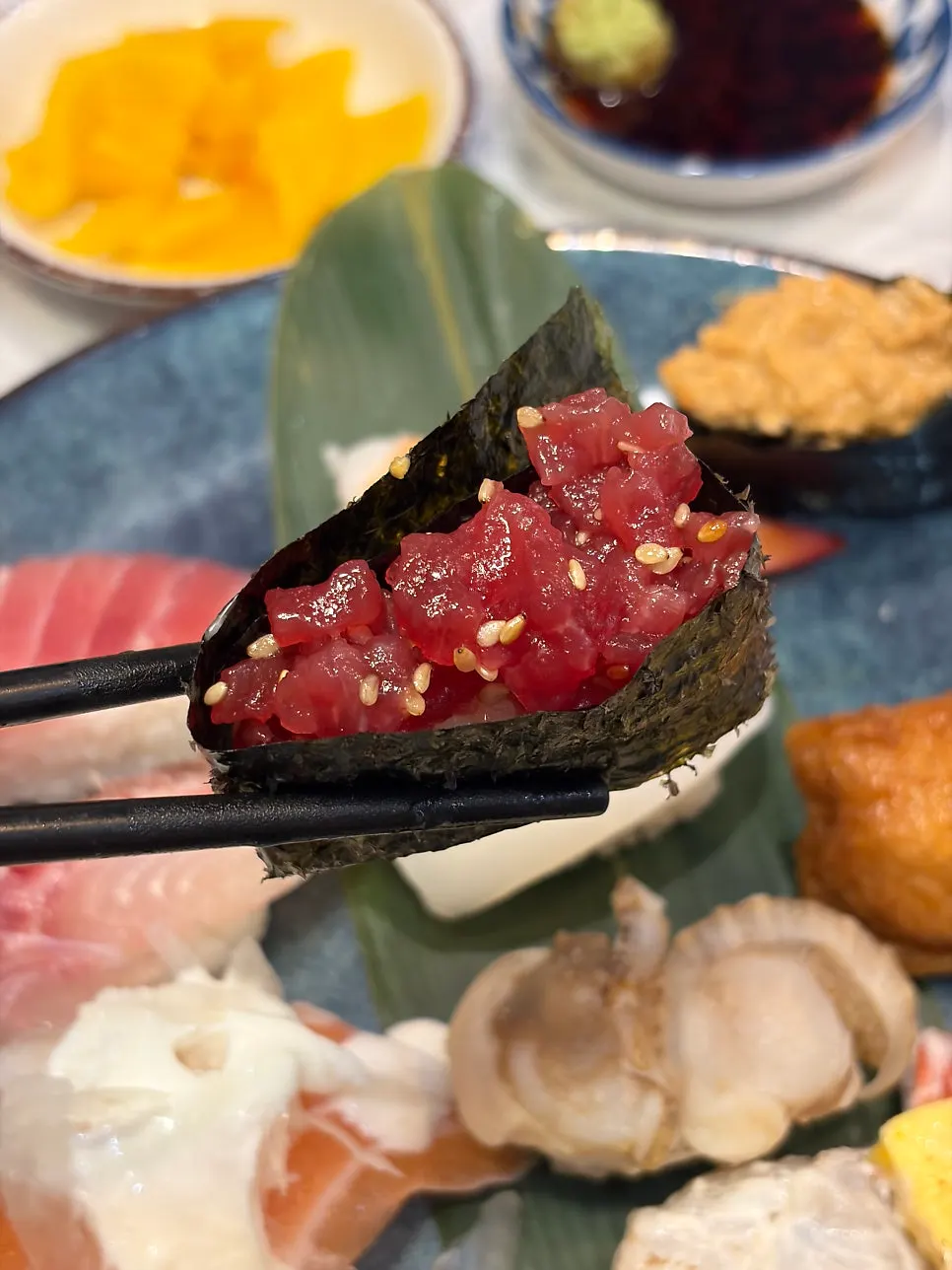 A full plate of 12-piece mixed sushi