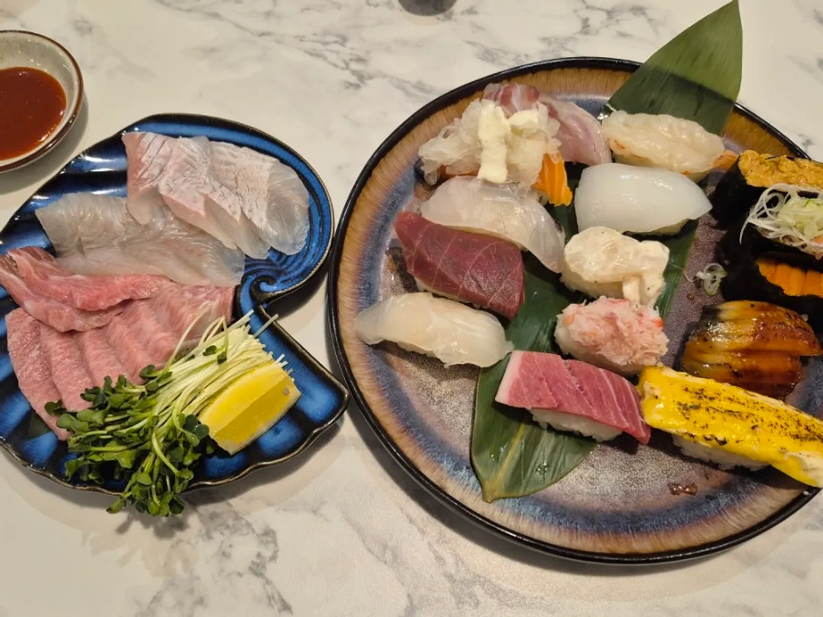 A spread of special sushi with tuna belly and flounder sashimi