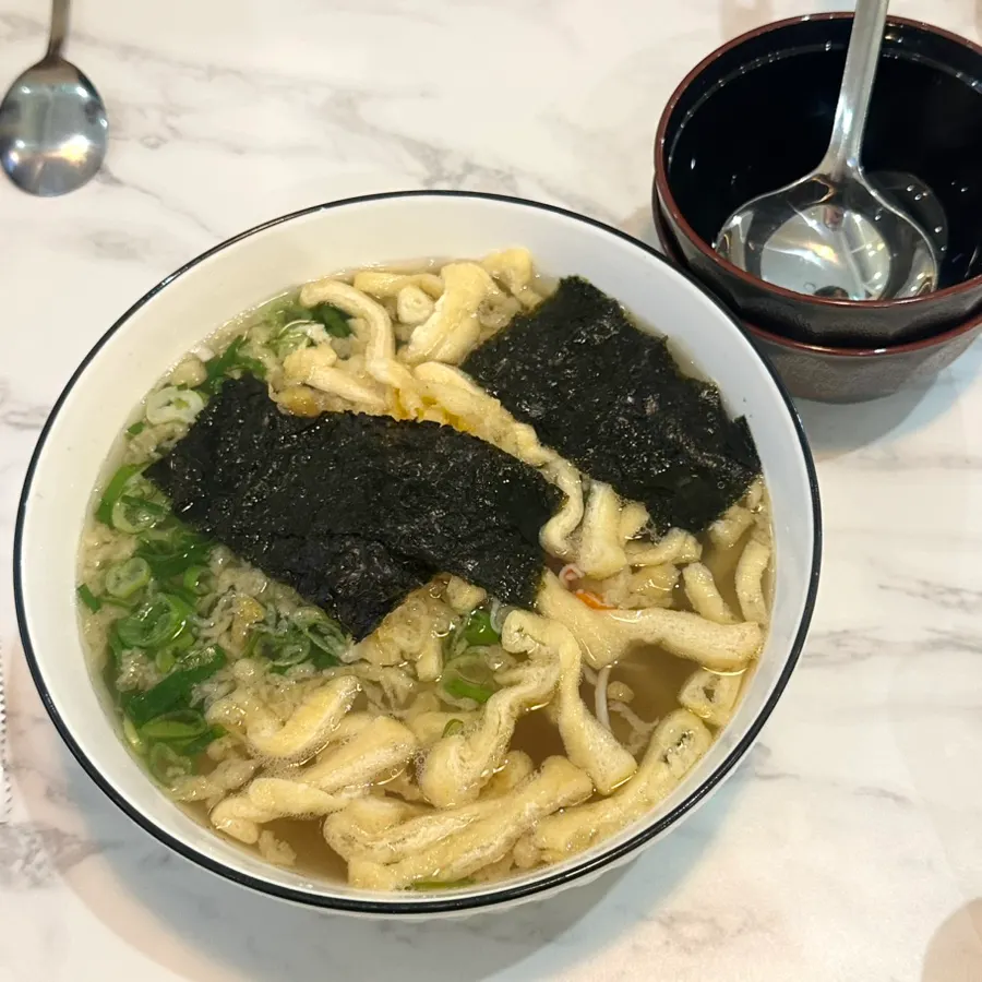 Fried tofu udon topped with fried tofu, scallions, and imitation crab