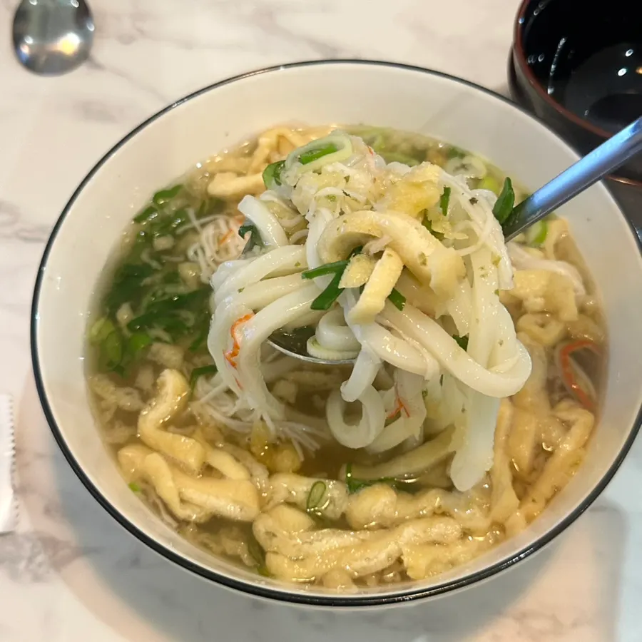 Noodles lifted from the fried tofu udon
