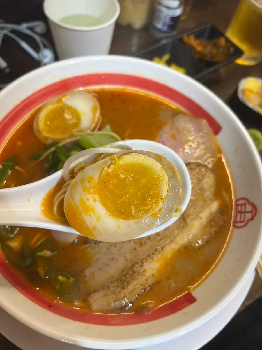 Broth and noodles of the spicy ramen