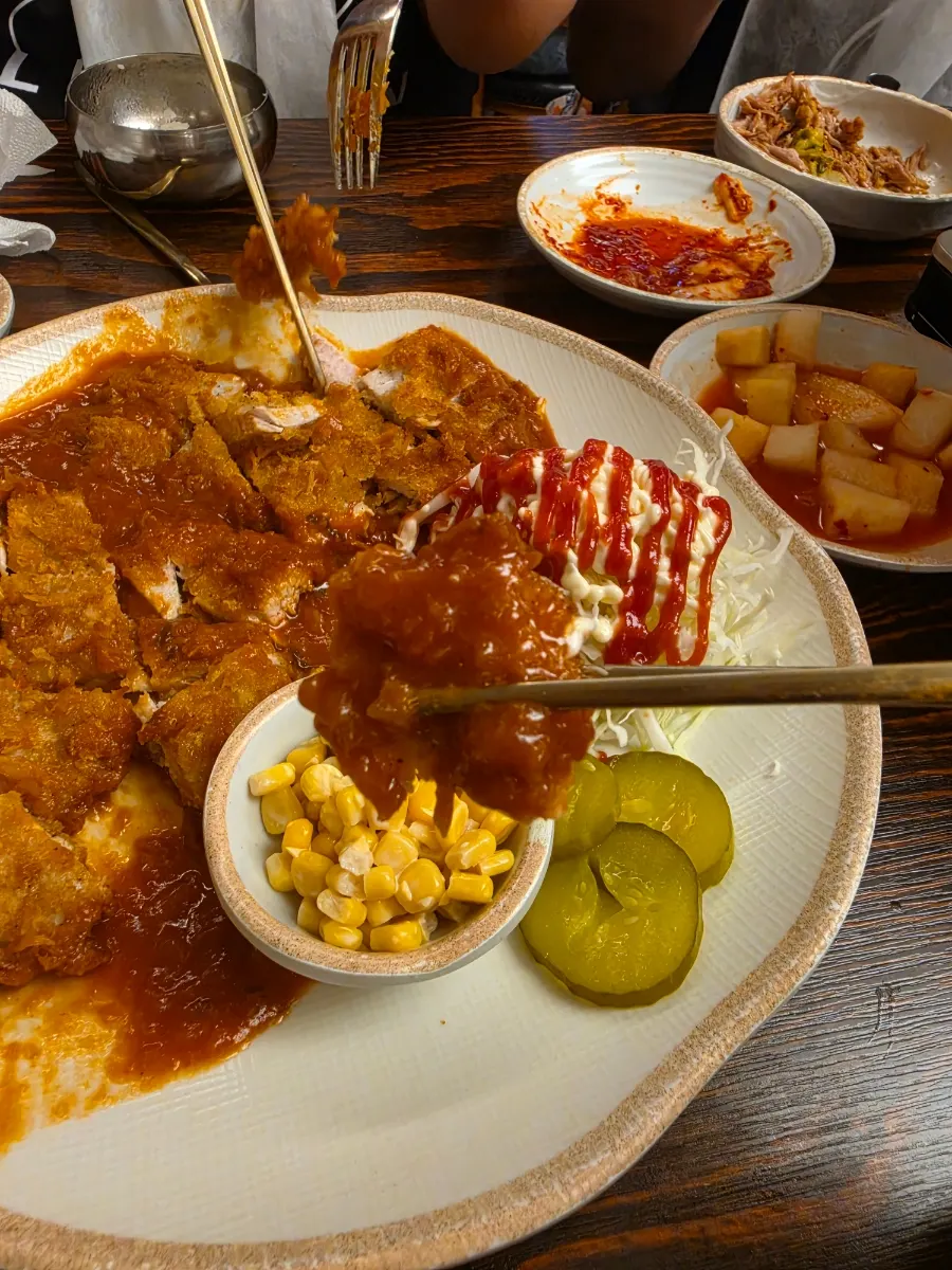 Pork cutlet cut up and mixed with rice