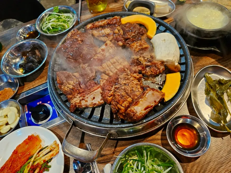 Marinated galbi grilling on the tabletop grill
