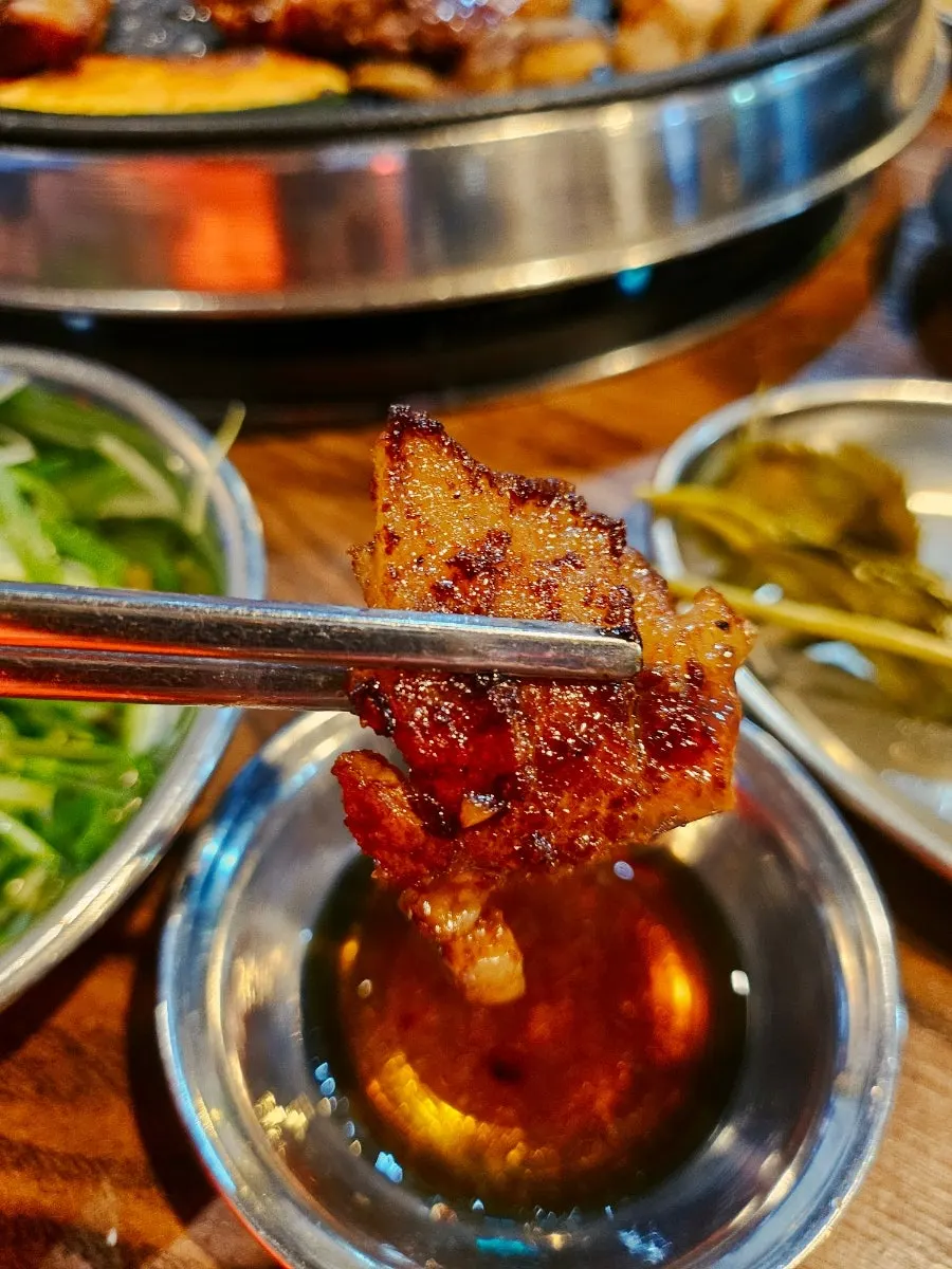 A well-grilled piece of marinated galbi