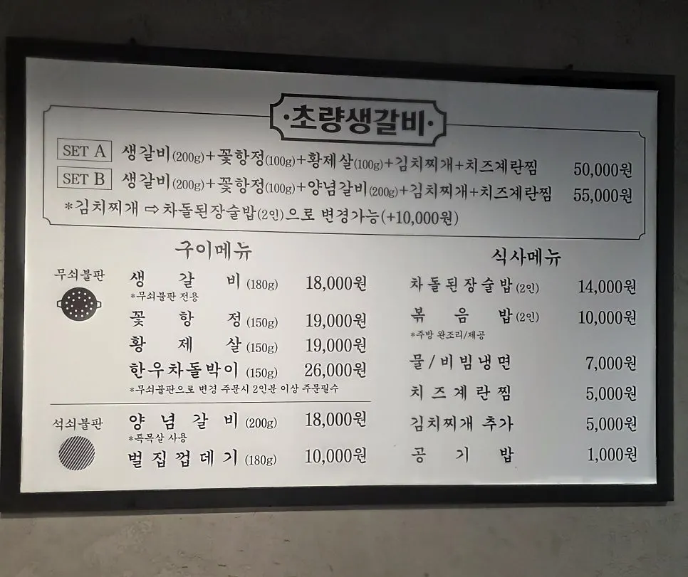 Choryang Saenggalbi menu listing fresh ribs and marinated ribs