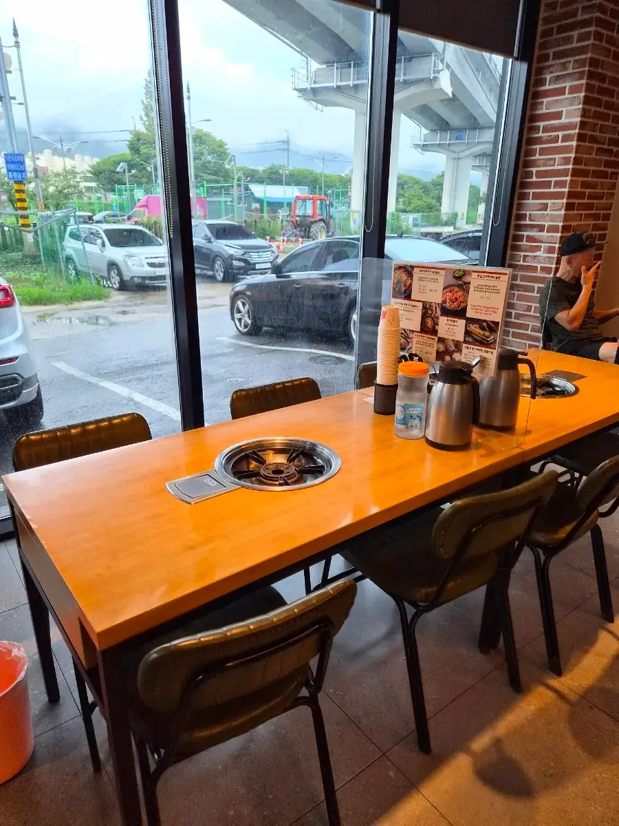 Seating area with wood tables