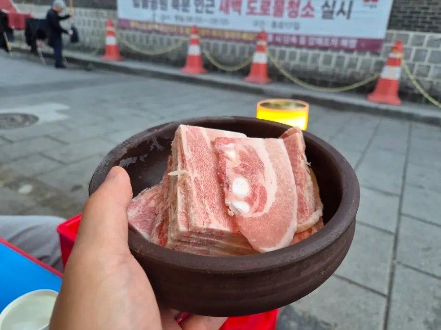 Close-up of frozen pork belly cooked on the grill