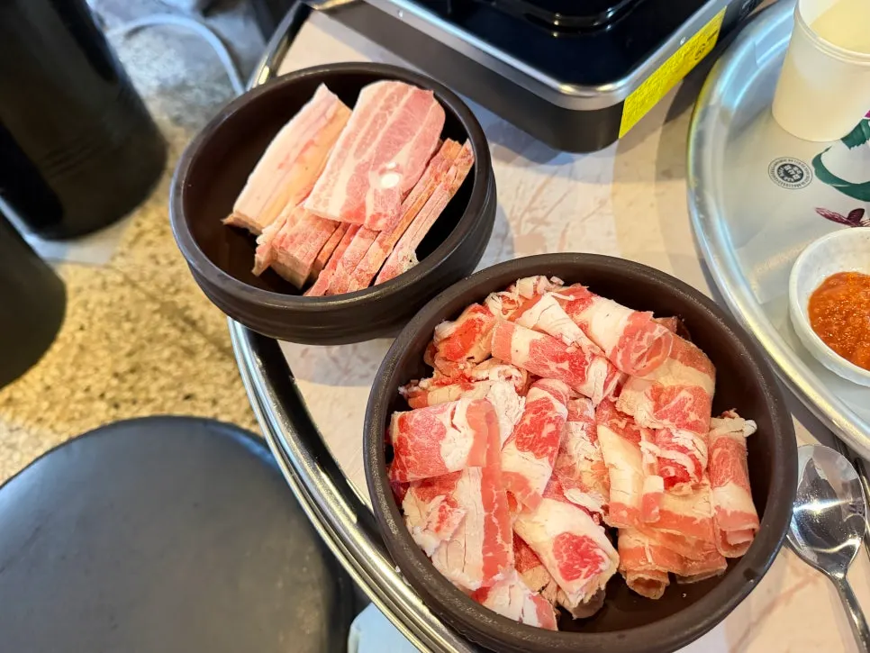 Pork belly set with frozen pork belly and beef short rib served at Chowon Restaurant