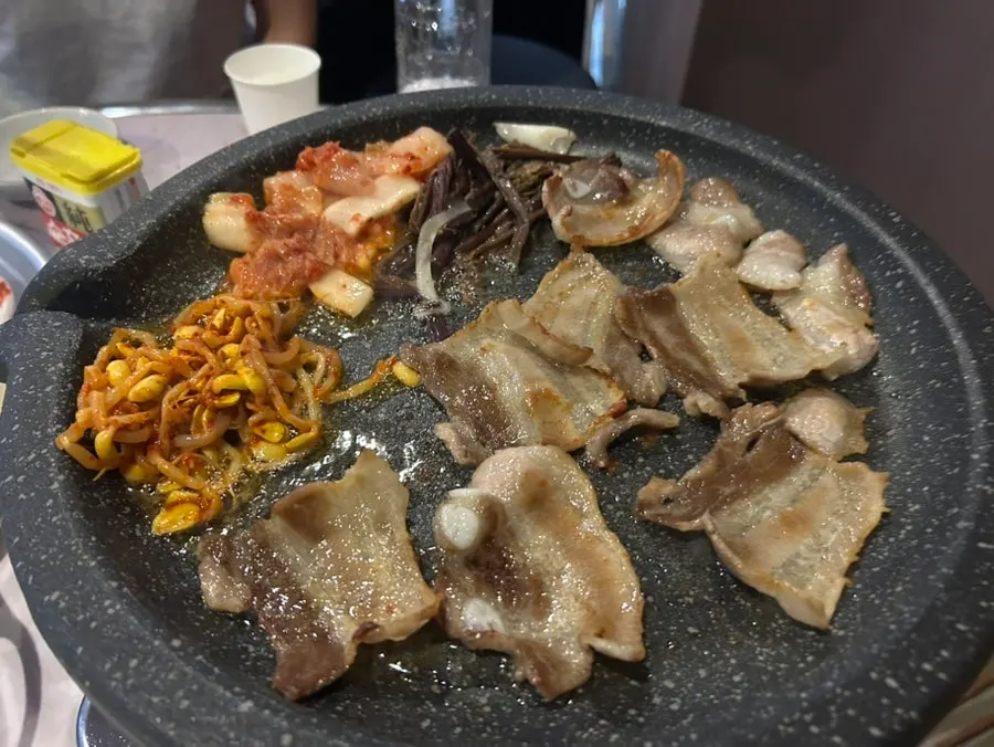 Close-up of the quickly cooked frozen pork belly