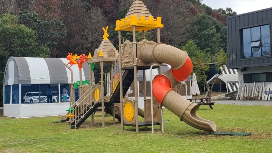 Play facilities set up on the campground lawn