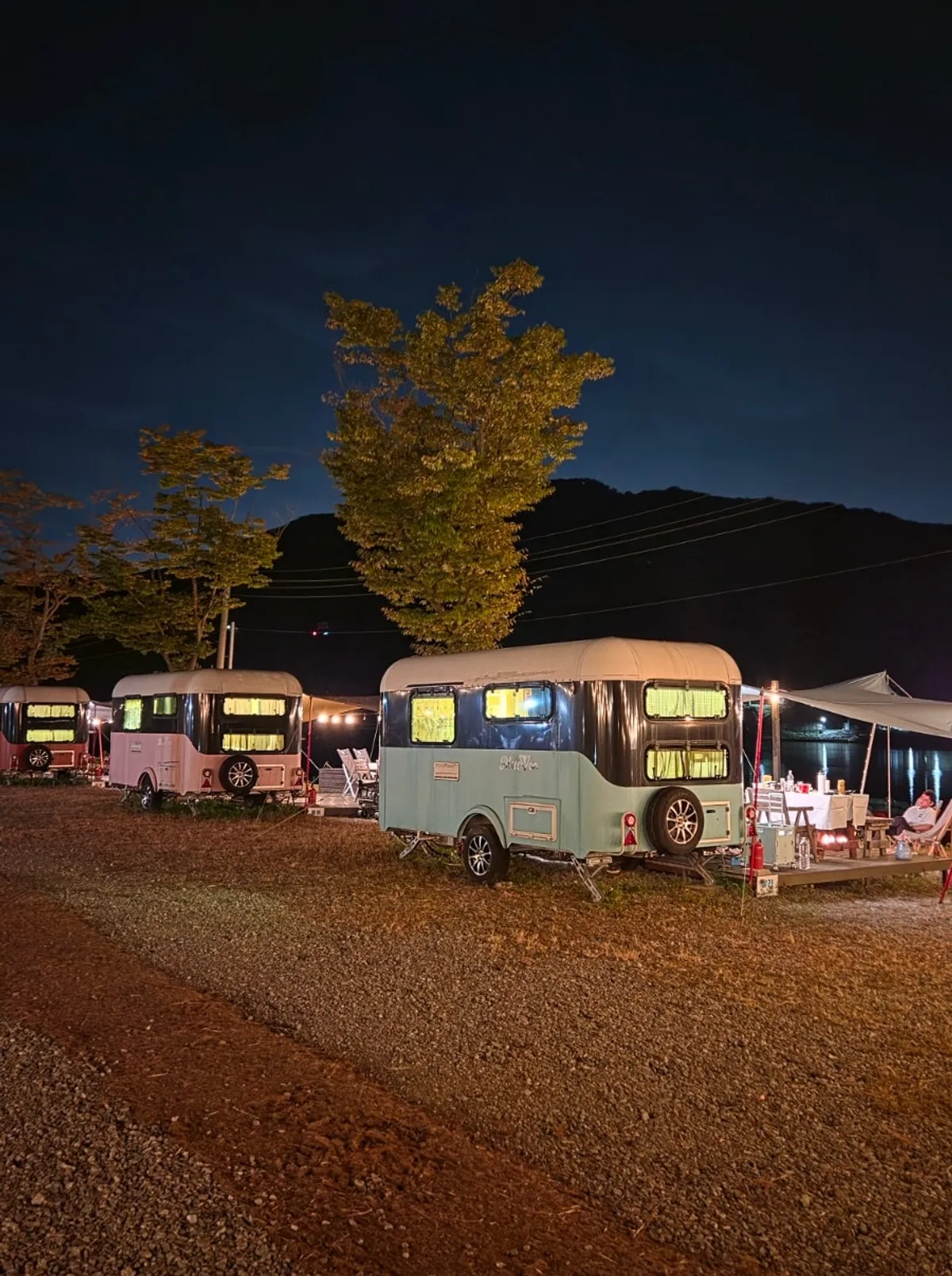 View of Urban Slow City's riverview caravan campground in Chuncheon