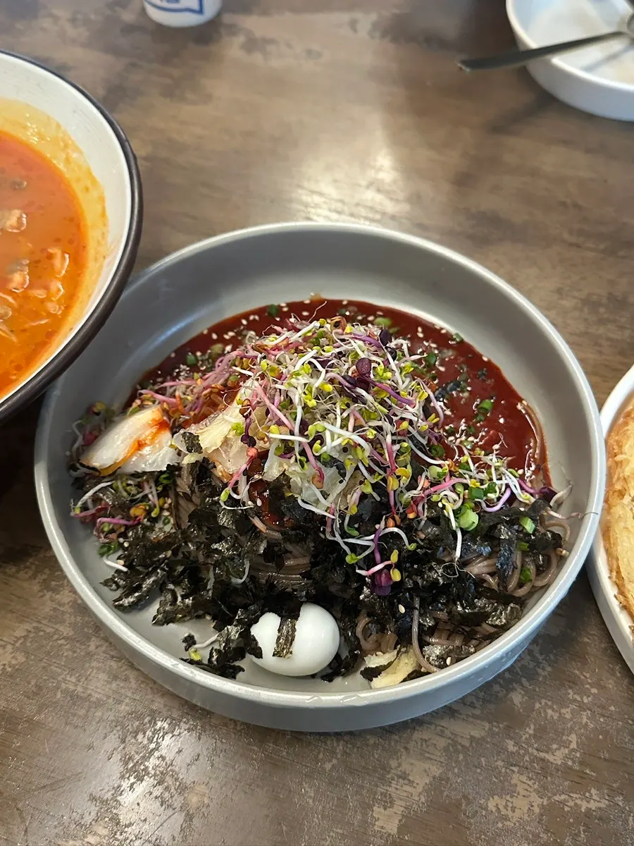 Bibim mak guksu and buckwheat jangsu sujebi spread at Hyeondae Memil