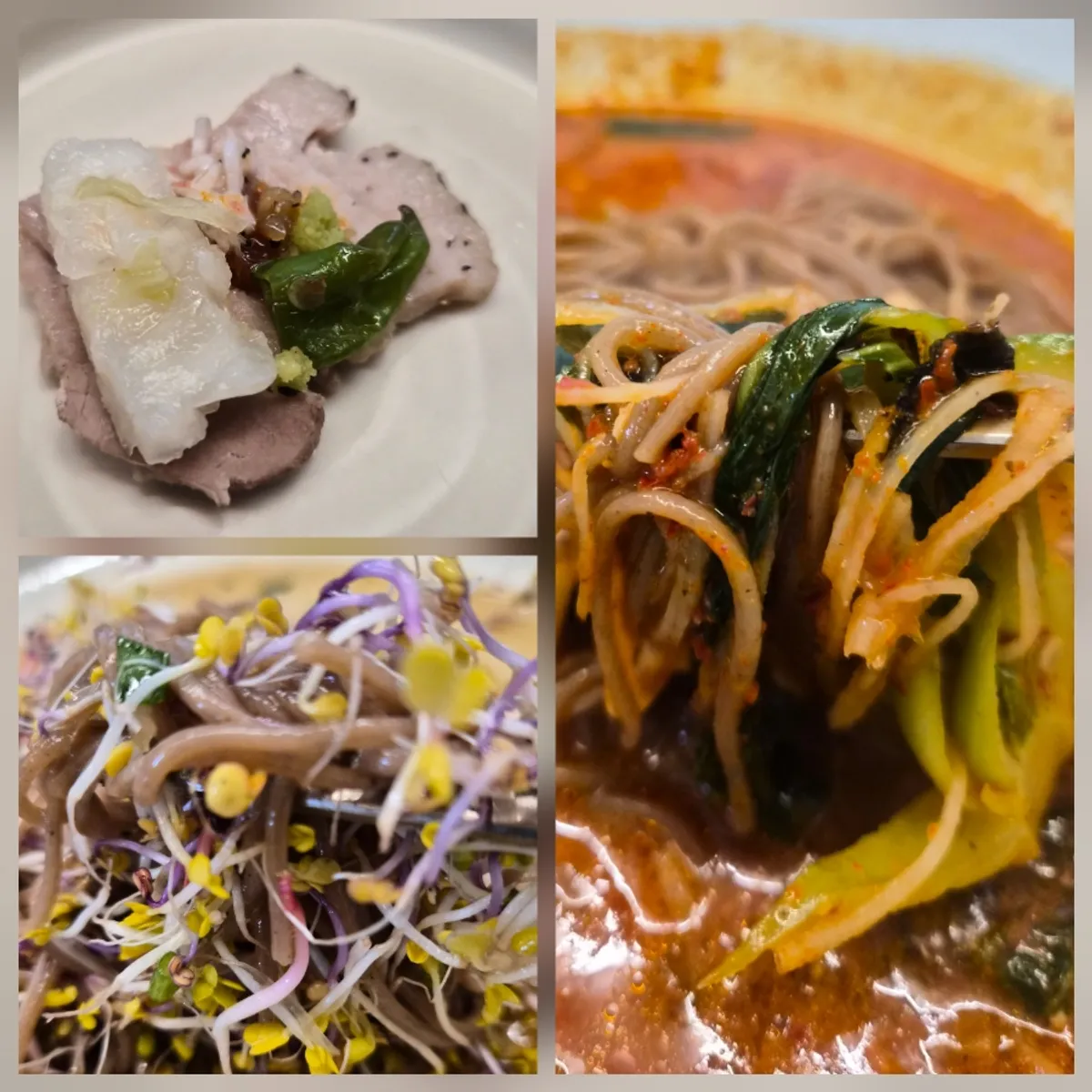 Hyeondae Memil sous vide whole pork belly and sprout soy sauce makguksu