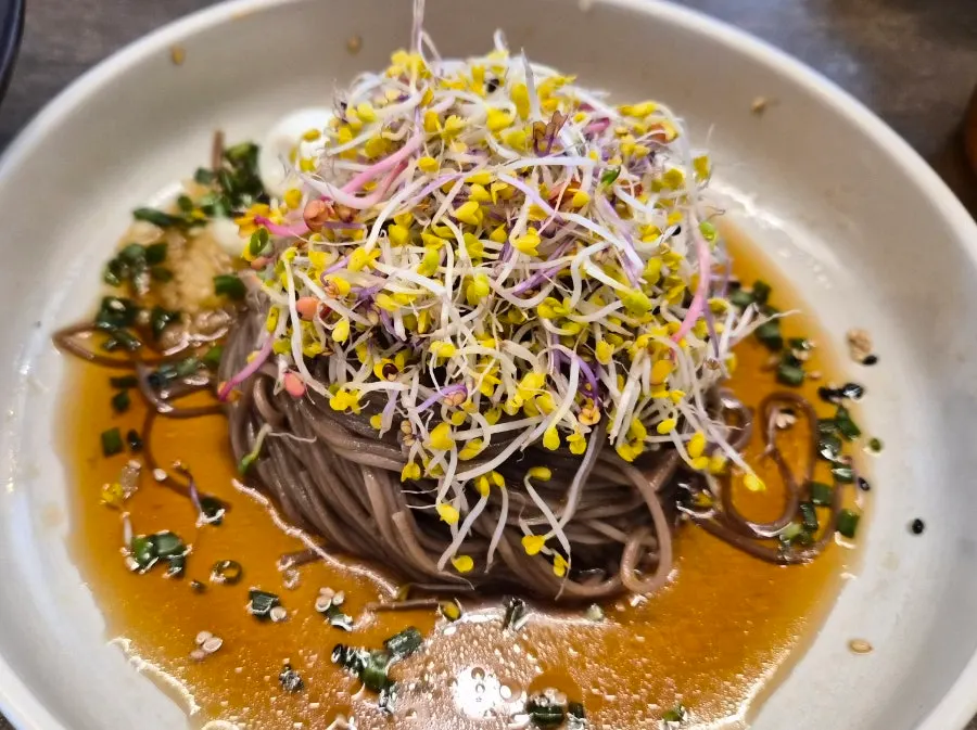 A bowl of Hyeondae Memil sprout soy sauce makguksu