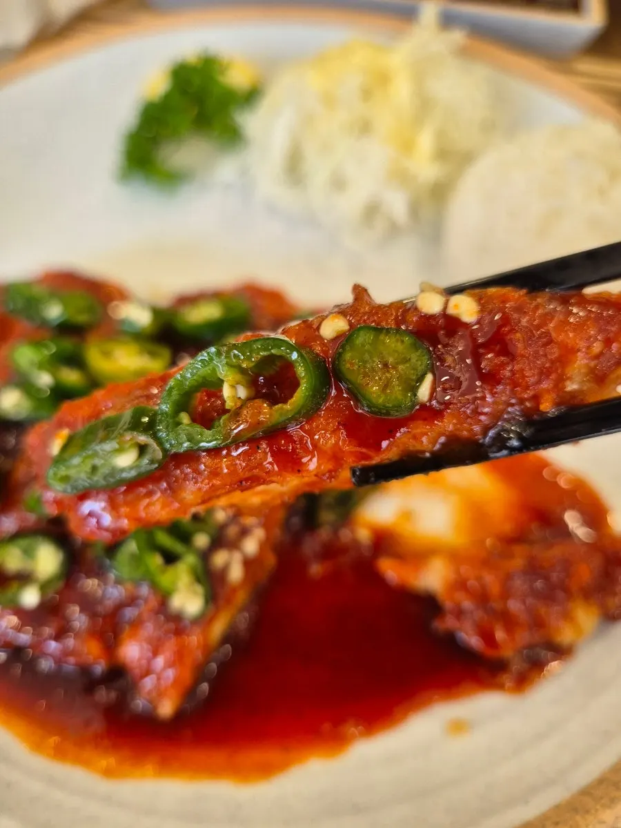 Close-up of spicy pork cutlet piled with cheongyang chili