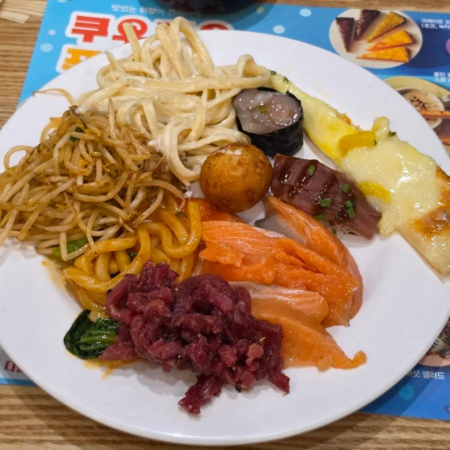 Third plate with raw beef, takoyaki, pizza, and yakisoba