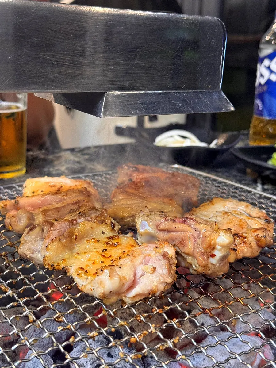 Salt and soy dakgalbi on the charcoal grill