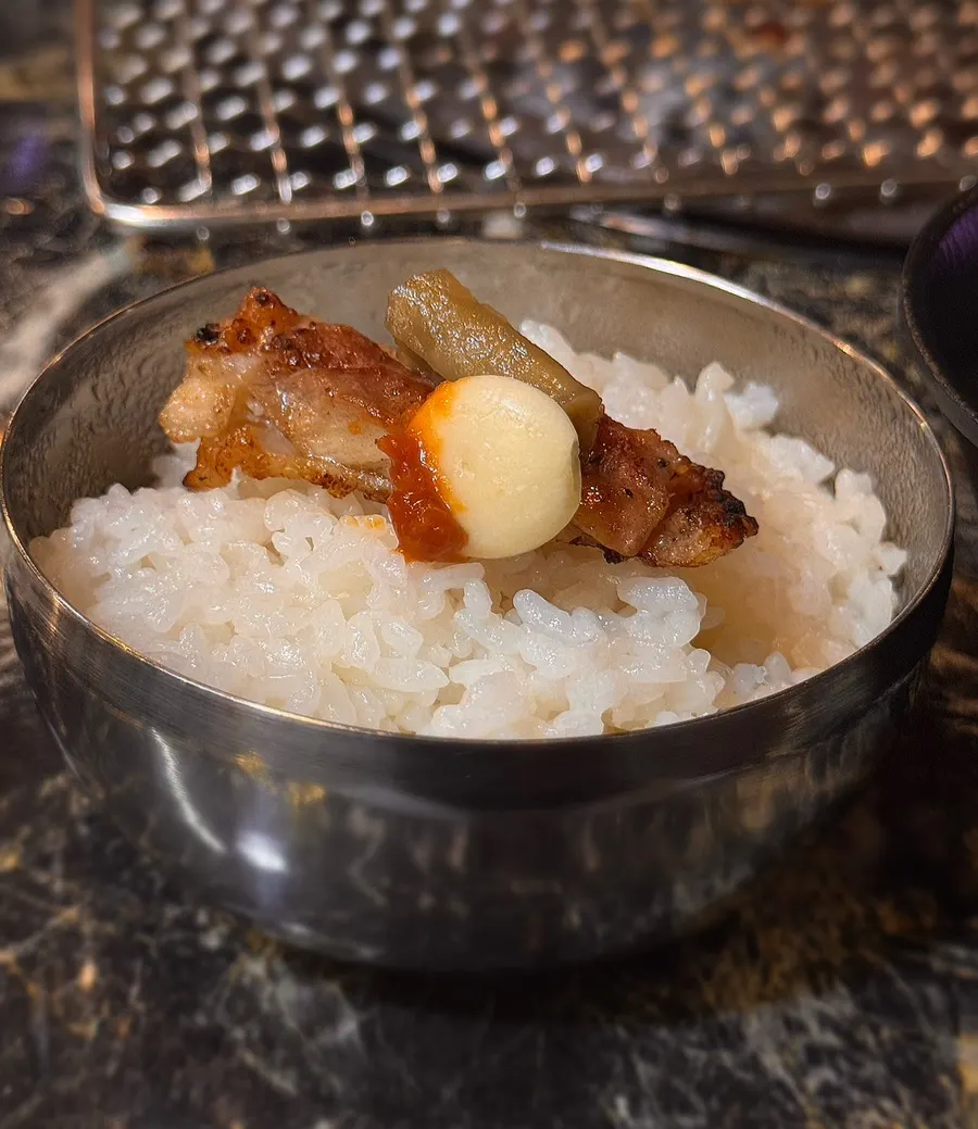 A piece of charcoal dakgalbi on white rice