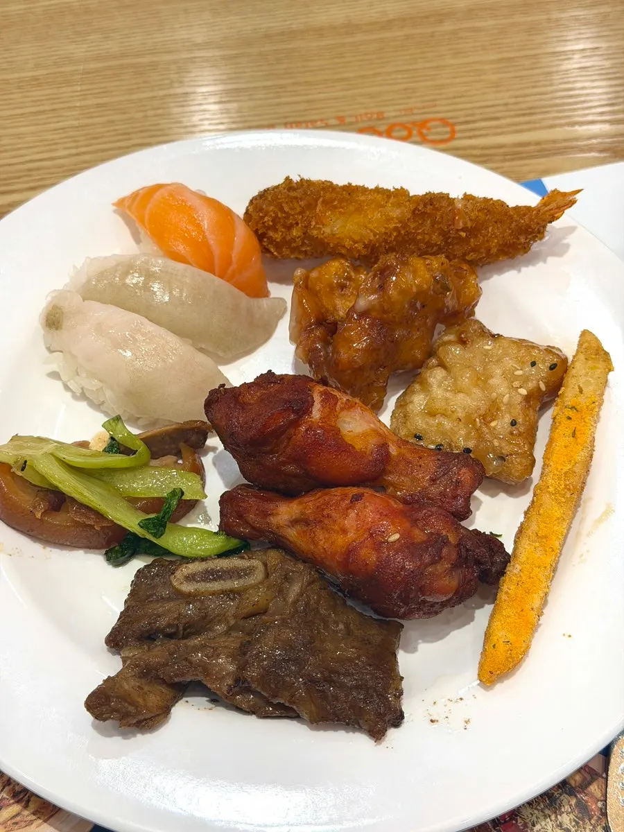 Second plate with galbi, buffalo wings, and fried food