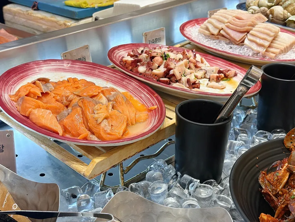 Salmon sashimi and seafood corner