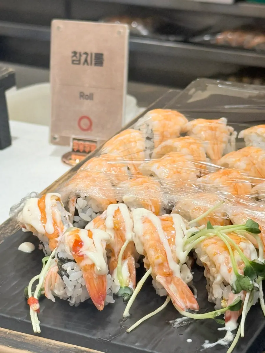 Long buffet display of food