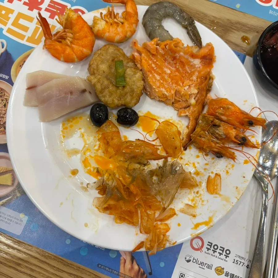 Plate of shrimp eaten down to the heads
