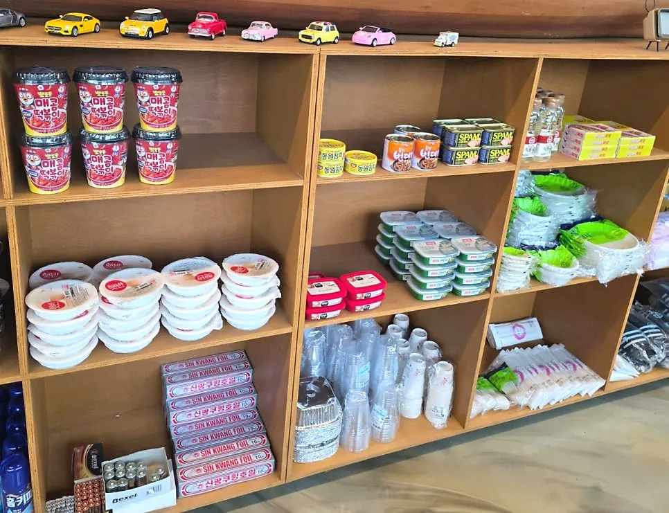 Store shelf stocked with camping supplies