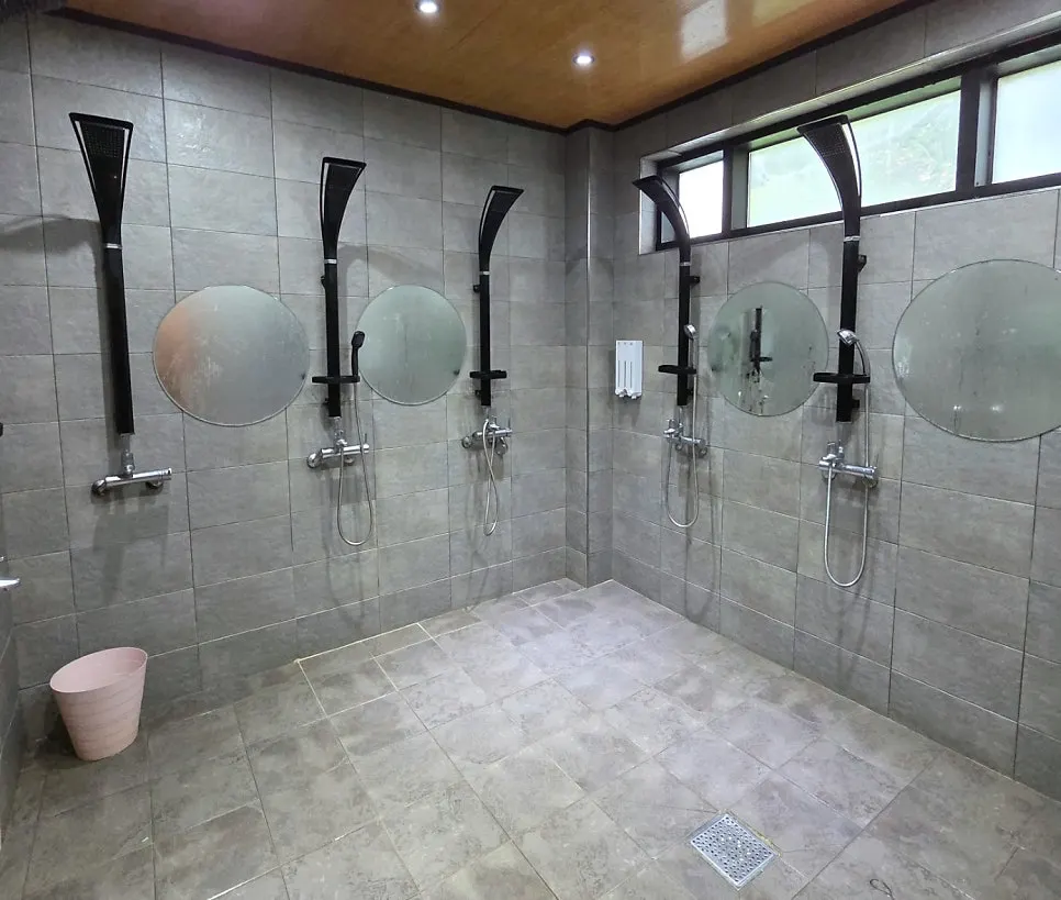 Entrance to the well-maintained restrooms and showers