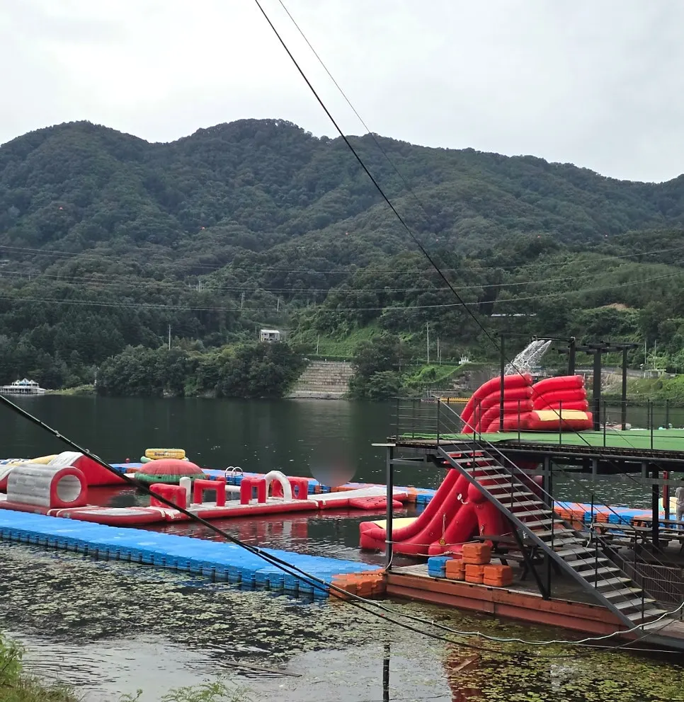 Riverside area with water play equipment ready