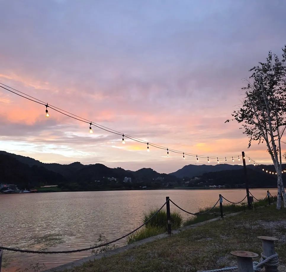 The campground lit up at dusk