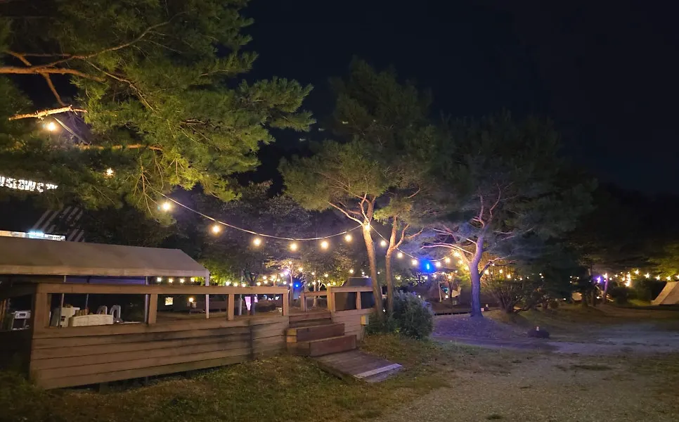 Riverview campsite lit up at night