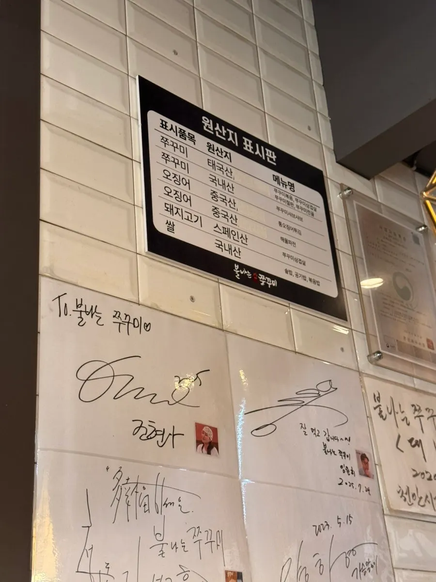 Country-of-origin display board and signatures on the wall
