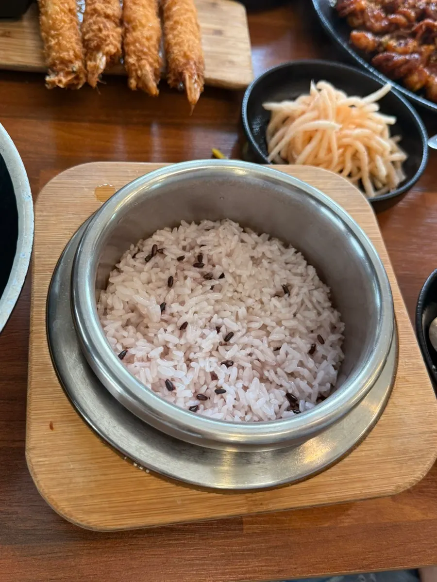 King shrimp tempura and jjukkumi stir-fry spread