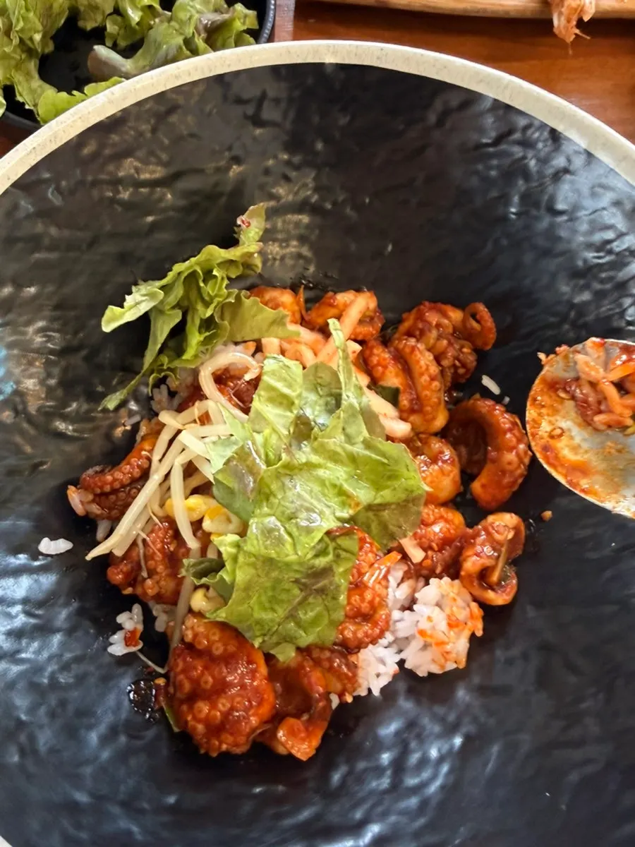 Close-up of fire-grilled jjukkumi stir-fry